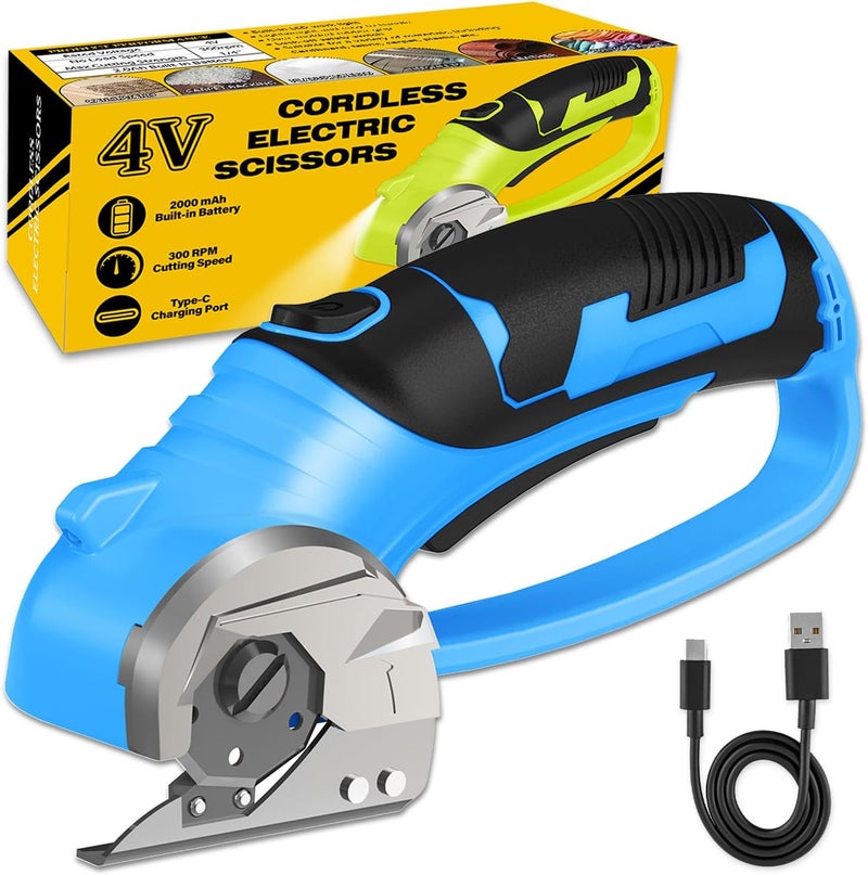 Pratuor Cordless Electric Scissors, 4V Box Cutter & Cardboard Cutter with Upgrade Blade, LED Light, Safety Lock - Rechargeable Rotary Cutter for Fabric, Leather, Plastic, Crafting, Sewing, Industrial (Blue) - Image 1